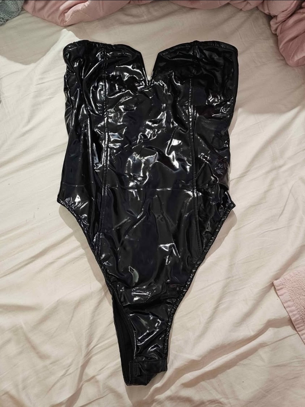 Black Patent Strapless Bustier Bodysuit Jumpsuit